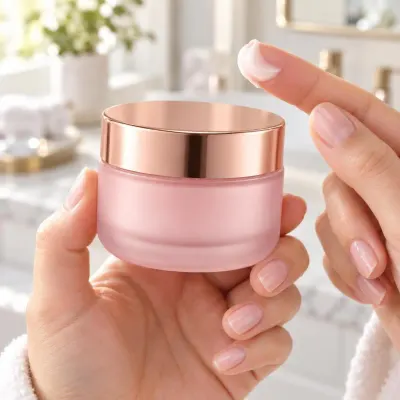 Pink face cream jar - In hand - applying