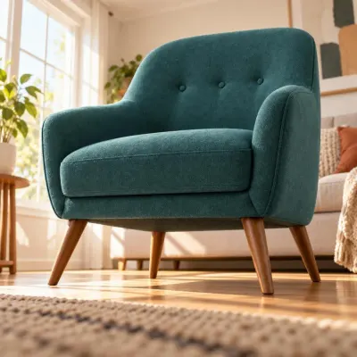 Teal mid-century armchair - From a low angle