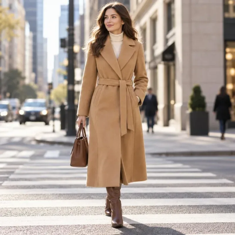Camel wool coat - lifestyle picture with a fashion layer