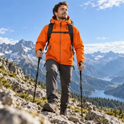 Orange hiking shell jacket - On model - mountain trail