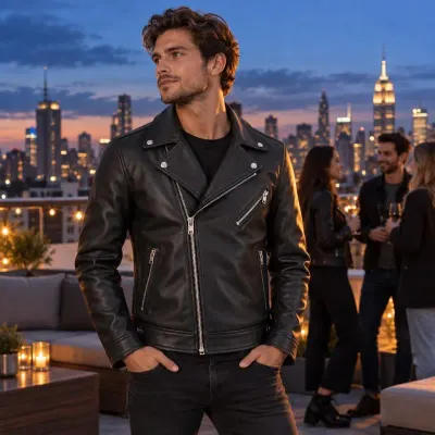 Black leather biker jacket - On model - rooftop at dusk