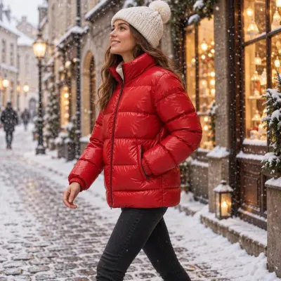 Red puffer jacket - On model - snowy street
