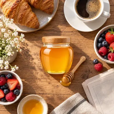 Jar of golden honey - Breakfast - from above