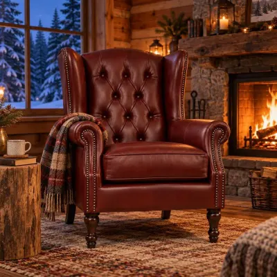 Oxblood leather armchair - Mountain cabin - snowy evening
