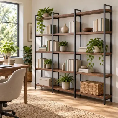 Walnut wall shelving - Home office - from the side
