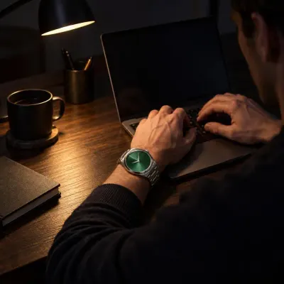 Steel watch with green dial - On wrist - night desk