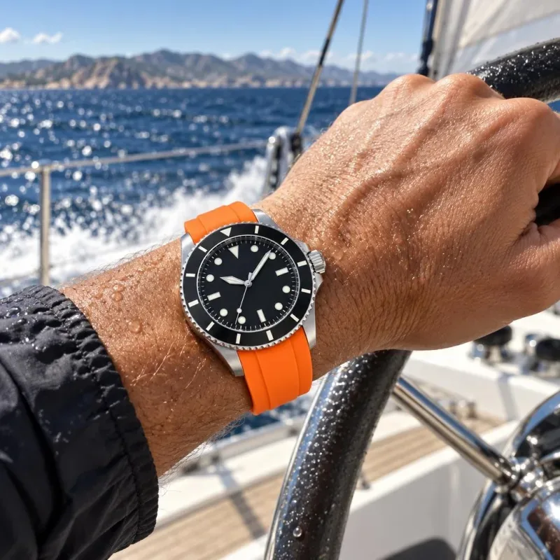 Diver watch with orange strap - the lifestyle picture drawn from the photo