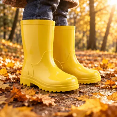Yellow kids rain boots - Autumn park - golden leaves
