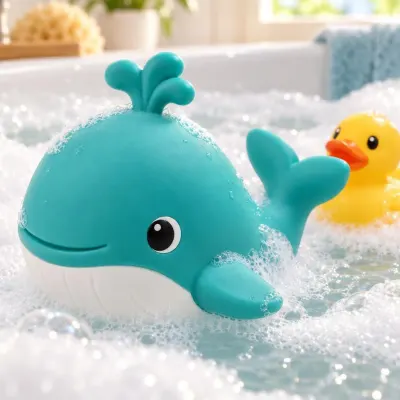 Teal rubber bath whale - Bath time - bubbles, close