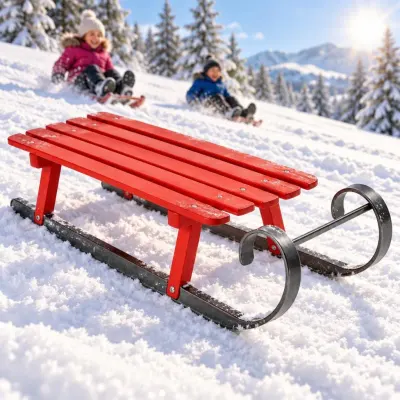 Red wooden sled - Snowy hill - winter fun