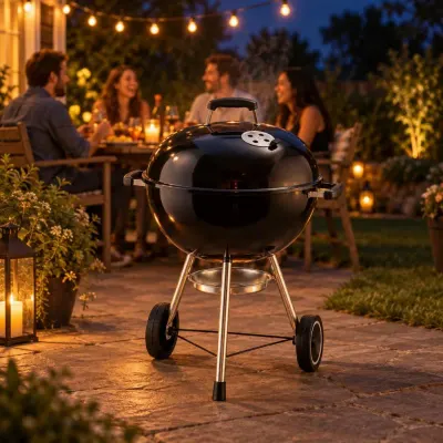 Black kettle grill - Backyard barbecue - night