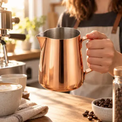 Copper milk jug - Espresso bar - morning hands