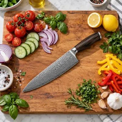 Damascus chef knife - Chopping board - from above
