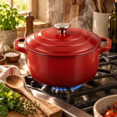 Red cast iron casserole - On the stove - steam, close