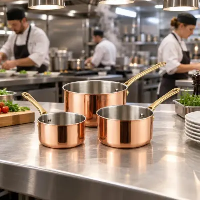 Copper saucepan set - Restaurant pass - low angle