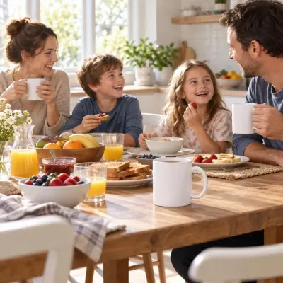 White ceramic coffee mug - Family breakfast