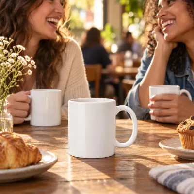 White ceramic coffee mug - Friends at a cafe