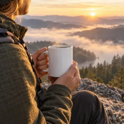 White ceramic coffee mug - Hiker at the view