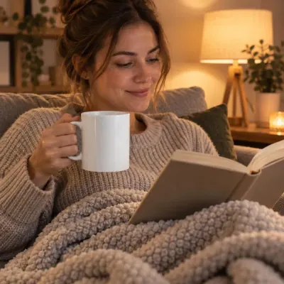 White ceramic coffee mug - Reading on the sofa