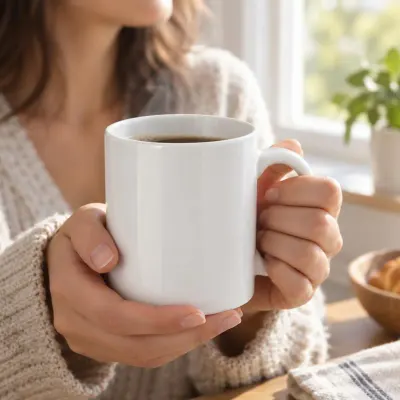 White ceramic coffee mug - In two hands
