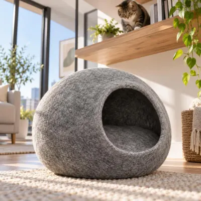 Grey felt cat cave - Modern flat - low angle