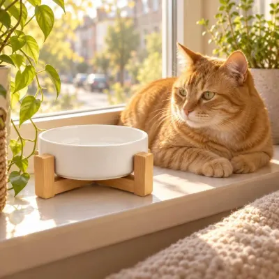 White ceramic cat bowl - Window sill - cat in the sun