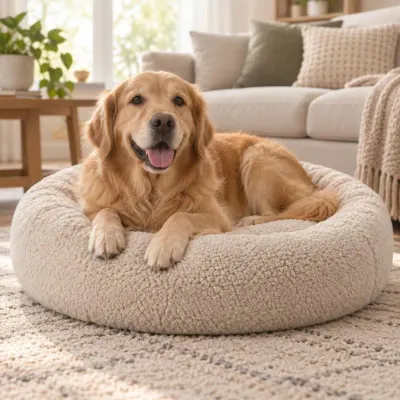 Oatmeal plush dog bed - Living room - happy dog