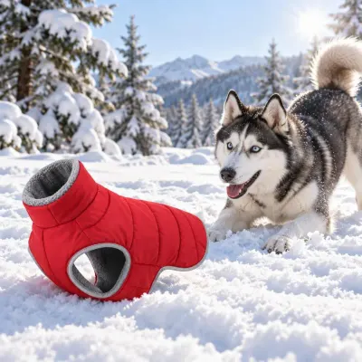 Red dog winter coat - Snow day - playful dog