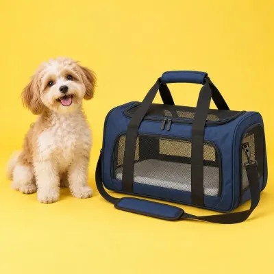 Blue pet carrier - Studio - yellow backdrop