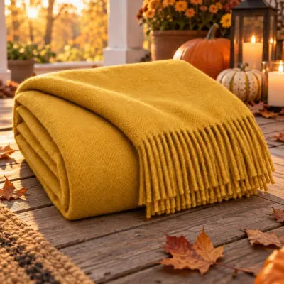 Mustard wool blanket - Autumn - pumpkin porch