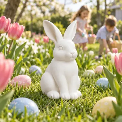White ceramic bunny - Easter - spring garden