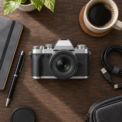Retro mirrorless camera - Creator flat lay - from above