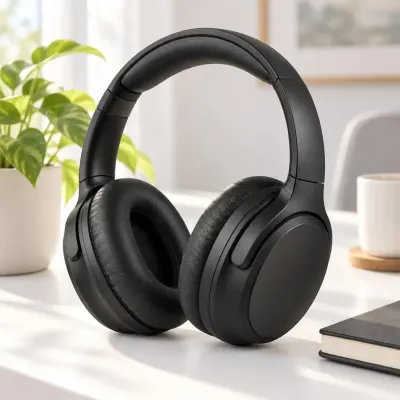 Black over-ear headphones - Desk - bright morning