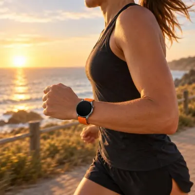 Smartwatch with orange strap - Running at sunrise - on wrist